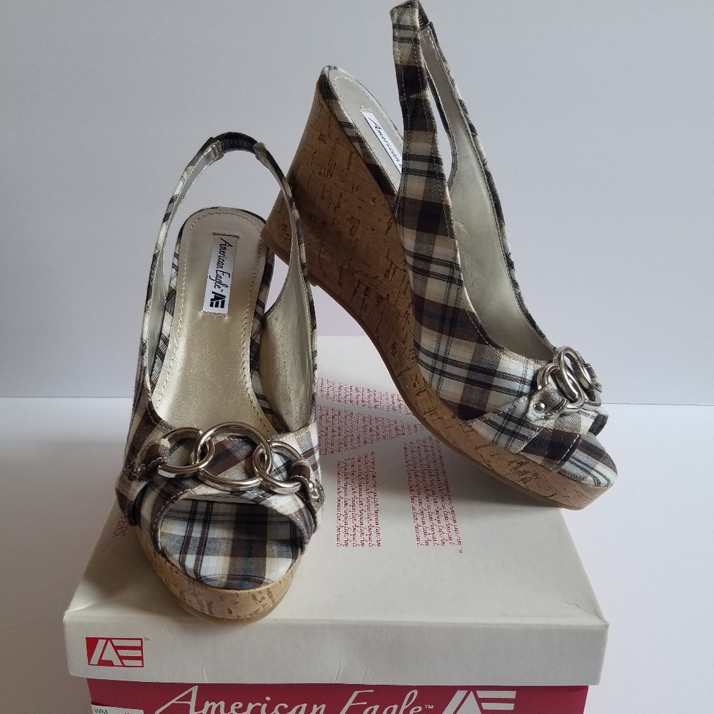 American Eagle Plaid Slingback Cork Wedge Sandals